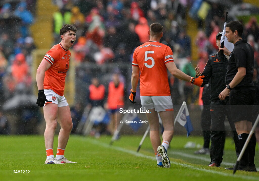 17 May 2026; Tiernan Kelly of Armagh remonstrates with a line official during the Ulster GAA Football Senior Championship final match between Armagh and Monaghan at St Tiernach's Park in Clones, Monaghan. Photo by Ramsey Cardy/Sportsfile