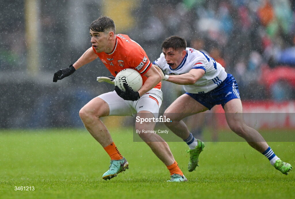 17 May 2026; Andrew Murnin of Armagh in action against Oisin McGorman of Monaghan during the Ulster GAA Football Senior Championship final match between Armagh and Monaghan at St Tiernach's Park in Clones, Monaghan. Photo by Ramsey Cardy/Sportsfile