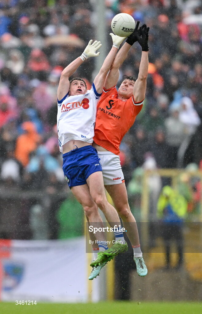 17 May 2026; Joe McElroy of Armagh in action against Oisin McGorman of Monaghan during the Ulster GAA Football Senior Championship final match between Armagh and Monaghan at St Tiernach's Park in Clones, Monaghan. Photo by Ramsey Cardy/Sportsfile