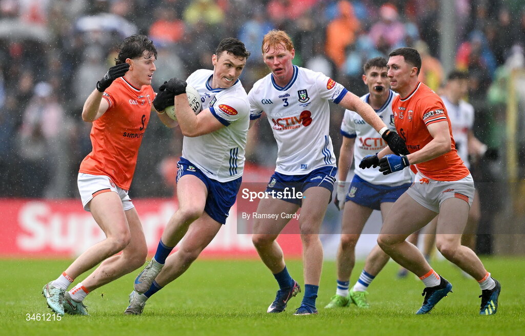 17 May 2026; Killian Lavelle of Monaghan in action against Joe McElroy of Armagh during the Ulster GAA Football Senior Championship final match between Armagh and Monaghan at St Tiernach's Park in Clones, Monaghan. Photo by Ramsey Cardy/Sportsfile