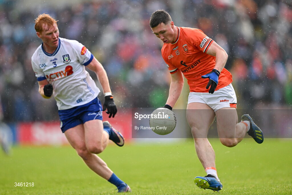 17 May 2026; Oisin Conaty of Armagh in action against Ryan O'Toole of Monaghan during the Ulster GAA Football Senior Championship final match between Armagh and Monaghan at St Tiernach's Park in Clones, Monaghan. Photo by Ramsey Cardy/Sportsfile