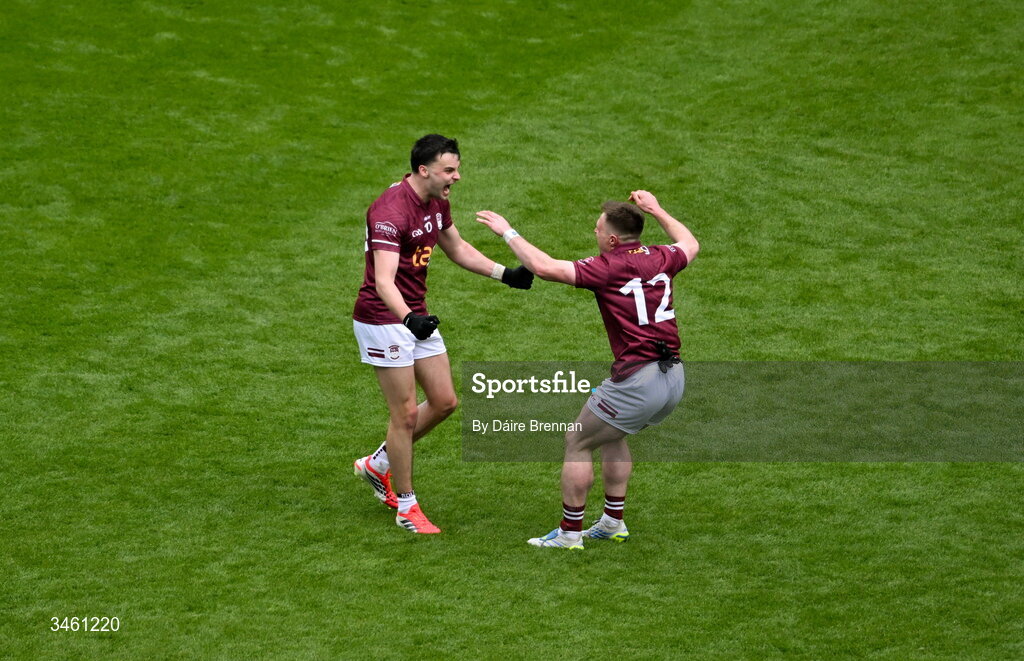 17 May 2026; Westmeath players, left to right, Kevin O’Sullivan and Conor Dillon celebrate after the Leinster GAA Football Senior Championship final match between Dublin and Westmeath at Croke Park in Dublin. Photo by Daire Brennan/Sportsfile