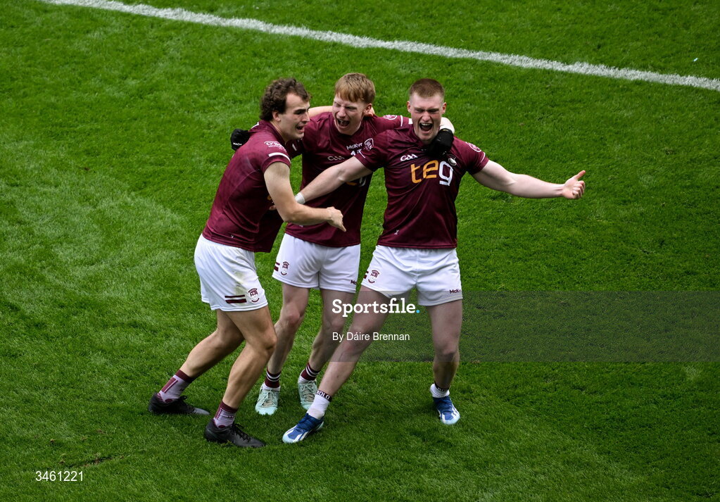 17 May 2026; Westmeath players, left to right, Tadhg Baker, Brandon Kelly, and Shane Allen, celebrate after the Leinster GAA Football Senior Championship final match between Dublin and Westmeath at Croke Park in Dublin. Photo by Daire Brennan/Sportsfile