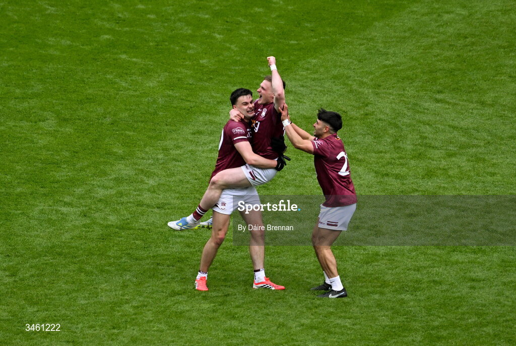 17 May 2026; Westmeath players, left to right, Kevin O’Sullivan, Conor Dillon, and TJ Cox, celebrate after the Leinster GAA Football Senior Championship final match between Dublin and Westmeath at Croke Park in Dublin. Photo by Daire Brennan/Sportsfile