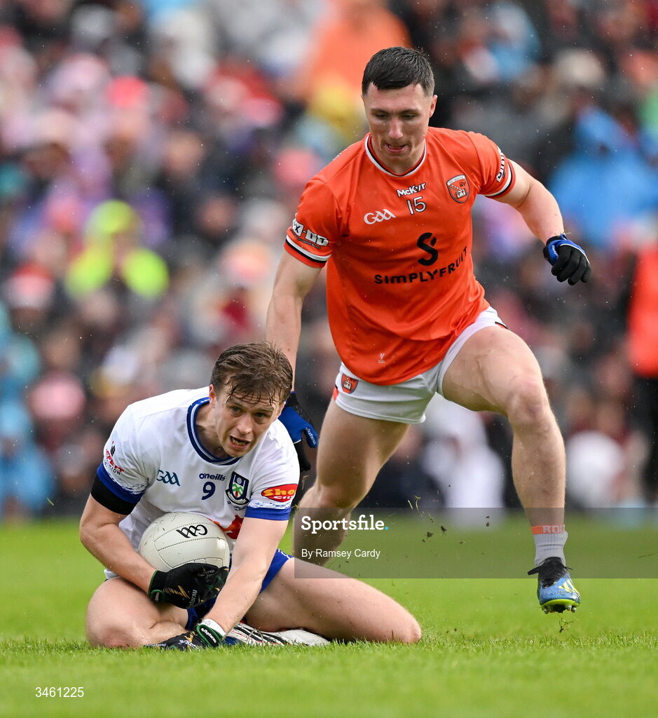 17 May 2026; Karl Gallagher of Monaghan in action against Oisin Conaty of Armagh during the Ulster GAA Football Senior Championship final match between Armagh and Monaghan at St Tiernach's Park in Clones, Monaghan. Photo by Ramsey Cardy/Sportsfile