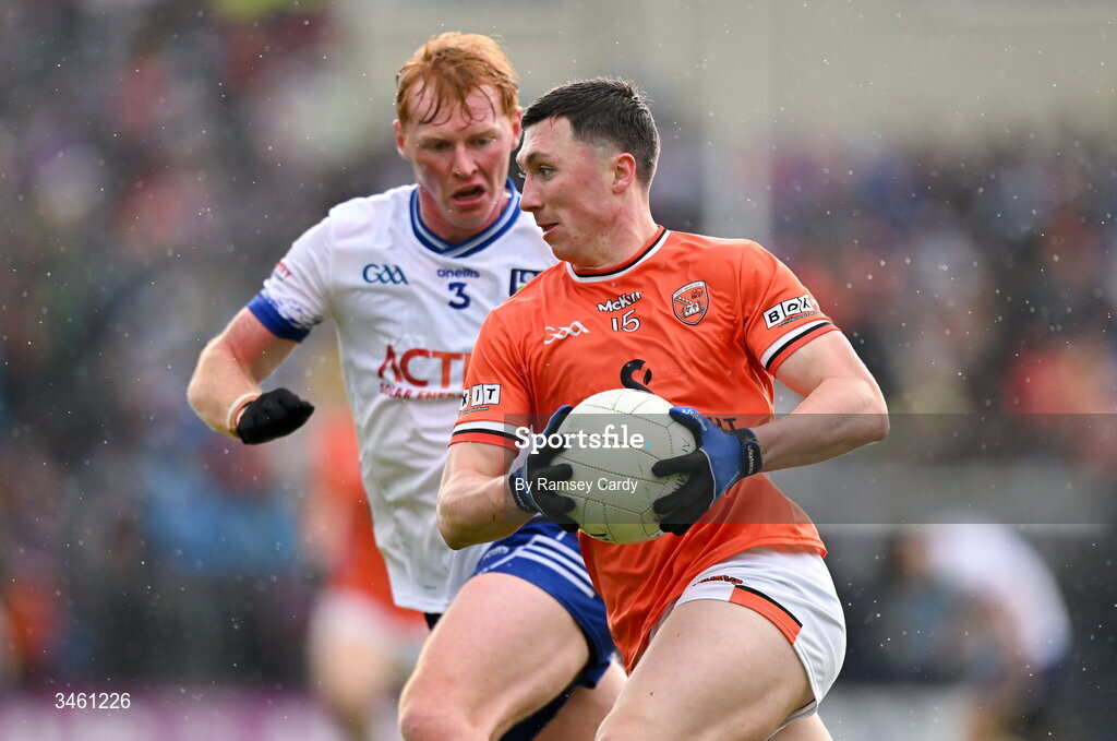 17 May 2026; Oisin Conaty of Armagh in action against Ryan O'Toole of Monaghan during the Ulster GAA Football Senior Championship final match between Armagh and Monaghan at St Tiernach's Park in Clones, Monaghan. Photo by Ramsey Cardy/Sportsfile