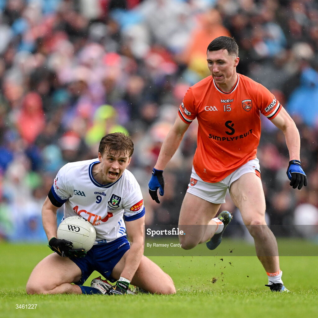 17 May 2026; Karl Gallagher of Monaghan in action against Oisin Conaty of Armagh during the Ulster GAA Football Senior Championship final match between Armagh and Monaghan at St Tiernach's Park in Clones, Monaghan. Photo by Ramsey Cardy/Sportsfile