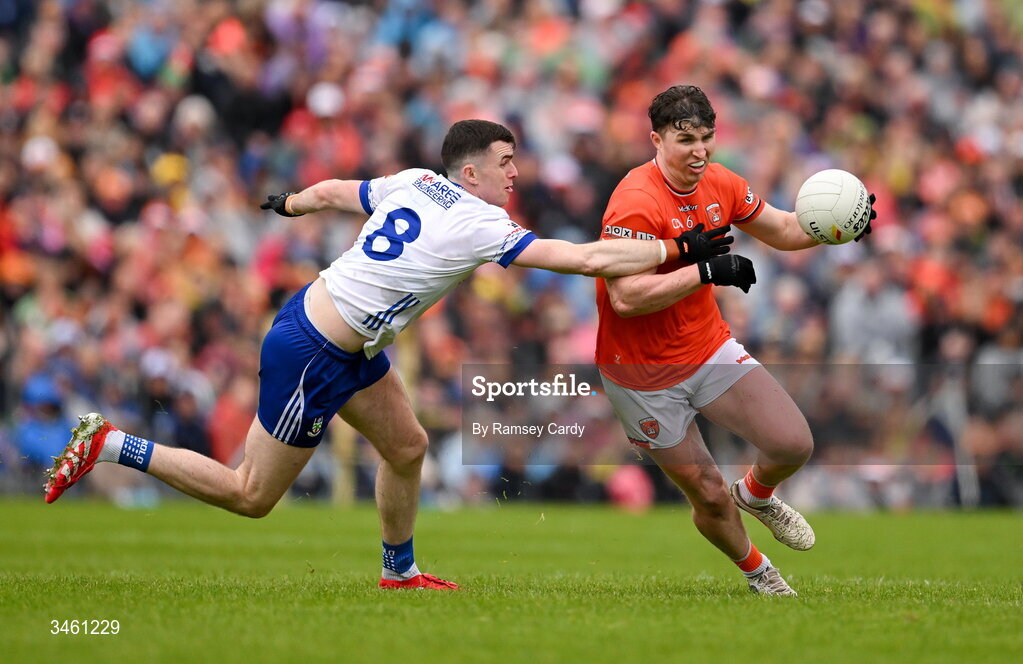 17 May 2026; Tiernan Kelly of Armagh in action against Míchéal McCarville of Monaghan during the Ulster GAA Football Senior Championship final match between Armagh and Monaghan at St Tiernach's Park in Clones, Monaghan. Photo by Ramsey Cardy/Sportsfile
