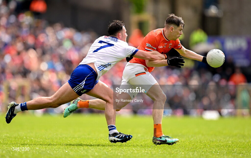 17 May 2026; Andrew Murnin of Armagh in action against Dessie Ward of Monaghan during the Ulster GAA Football Senior Championship final match between Armagh and Monaghan at St Tiernach's Park in Clones, Monaghan. Photo by Ramsey Cardy/Sportsfile