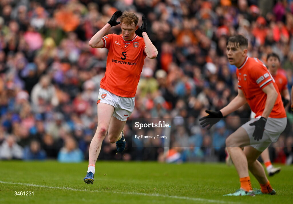 17 May 2026; Conor Turbitt of Armagh reacts to a missed goal chance during the Ulster GAA Football Senior Championship final match between Armagh and Monaghan at St Tiernach's Park in Clones, Monaghan. Photo by Ramsey Cardy/Sportsfile