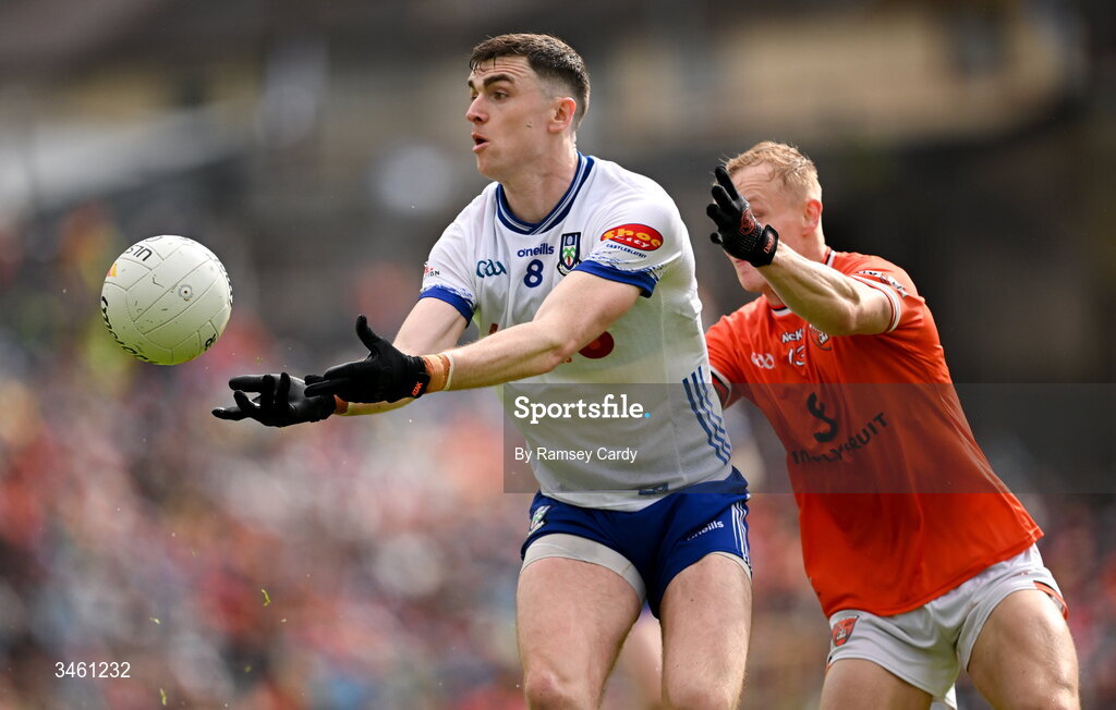 17 May 2026; Míchéal McCarville of Monaghan in action against Cian McConville of Armagh during the Ulster GAA Football Senior Championship final match between Armagh and Monaghan at St Tiernach's Park in Clones, Monaghan. Photo by Ramsey Cardy/Sportsfile