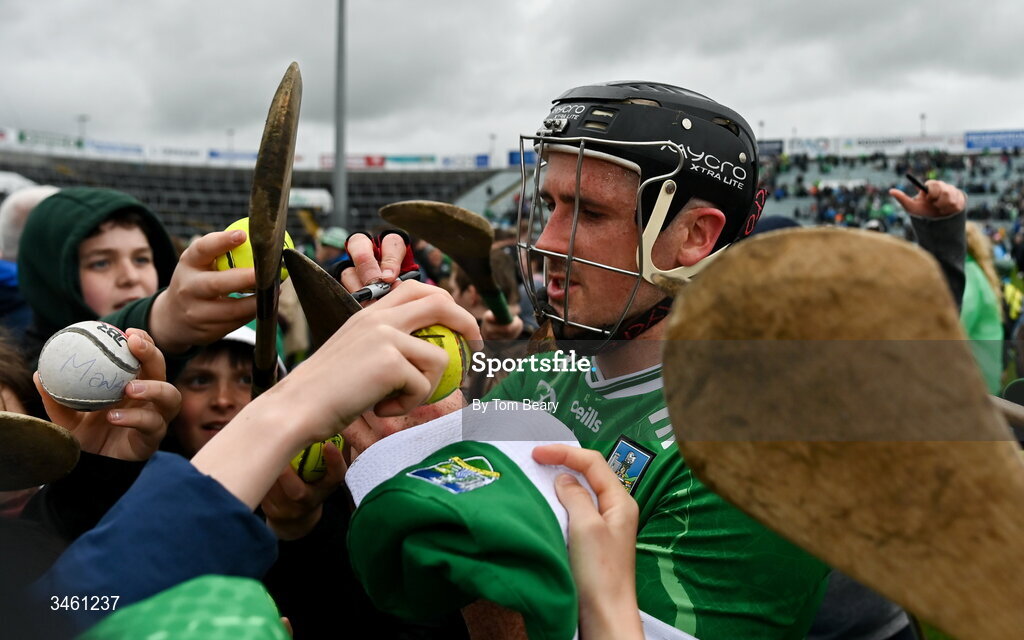 17 May 2026; Darragh O'Donovan of Limerick signs autographs for young supporters after the Munster GAA Senior Hurling Championship Round 4 match between Limerick and Waterford at TUS Gaelic Grounds in Limerick. Photo by Tom Beary/Sportsfile