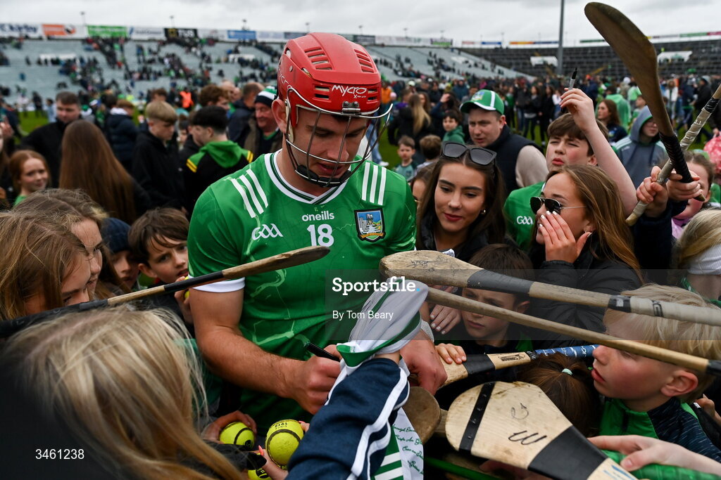 17 May 2026; Colin Coughlan of Limerick signs autographs for young supporters after the Munster GAA Senior Hurling Championship Round 4 match between Limerick and Waterford at TUS Gaelic Grounds in Limerick. Photo by Tom Beary/Sportsfile