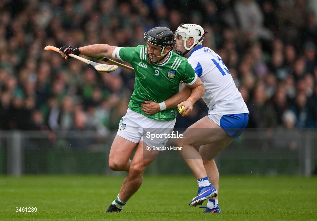 17 May 2026; Darragh O'Donovan of Limerick is tackled by Dessie Hutchinson of Waterford during the Munster GAA Senior Hurling Championship Round 4 match between Limerick and Waterford at TUS Gaelic Grounds in Limerick. Photo by Brendan Moran/Sportsfile