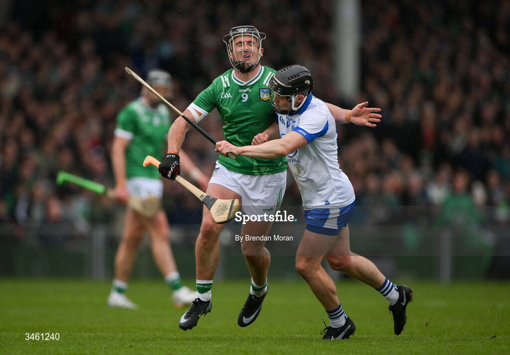 17 May 2026; Darragh O'Donovan of Limerick is shouldered by Darragh Lyons of Waterford during the Munster GAA Senior Hurling Championship Round 4 match between Limerick and Waterford at TUS Gaelic Grounds in Limerick. Photo by Brendan Moran/Sportsfile