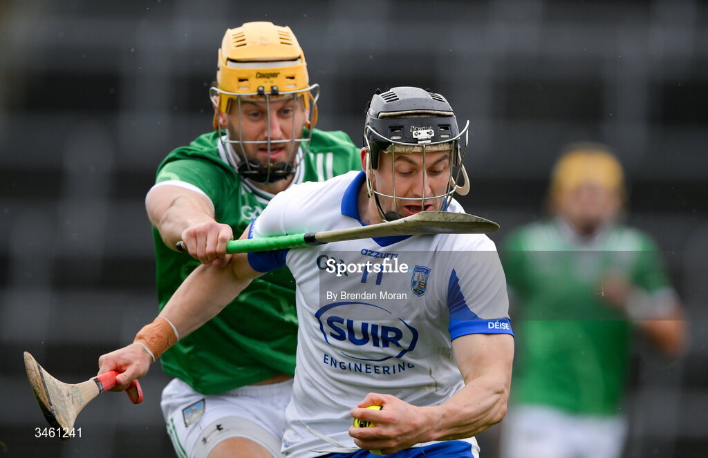 17 May 2026; Jamie Barron of Waterford is tackled by Tom Morrissey of Limerick during the Munster GAA Senior Hurling Championship Round 4 match between Limerick and Waterford at TUS Gaelic Grounds in Limerick. Photo by Brendan Moran/Sportsfile