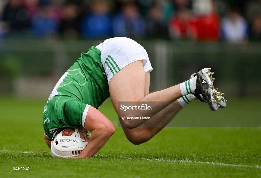 17 May 2026; Aaron Gillane of Limerick takes a tumble during the Munster GAA Senior Hurling Championship Round 4 match between Limerick and Waterford at TUS Gaelic Grounds in Limerick. Photo by Brendan Moran/Sportsfile