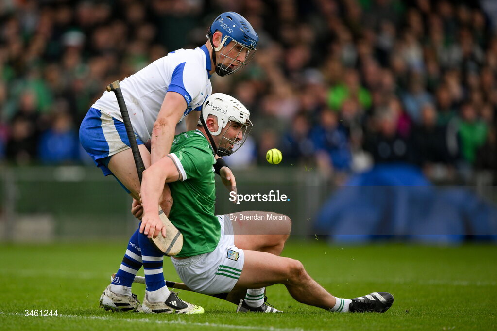 17 May 2026; Aaron Gillane of Limerick in action against Paddy Leavey of Waterford during the Munster GAA Senior Hurling Championship Round 4 match between Limerick and Waterford at TUS Gaelic Grounds in Limerick. Photo by Brendan Moran/Sportsfile