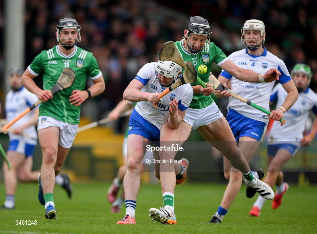 17 May 2026; Shane Bennett of Waterford is tackled by Gearóid Hegarty of Limerick during the Munster GAA Senior Hurling Championship Round 4 match between Limerick and Waterford at TUS Gaelic Grounds in Limerick. Photo by Brendan Moran/Sportsfile