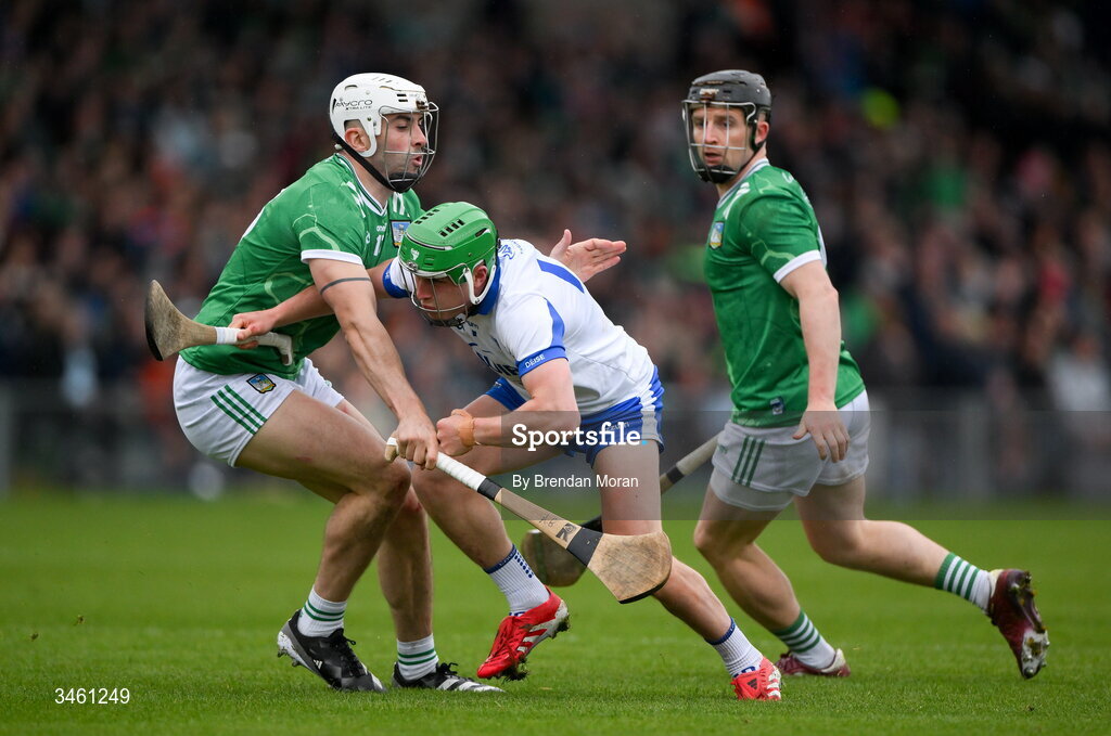 17 May 2026; Conor Keane of Waterford is tackled by Aaron Gillane of Limerick during the Munster GAA Senior Hurling Championship Round 4 match between Limerick and Waterford at TUS Gaelic Grounds in Limerick. Photo by Brendan Moran/Sportsfile