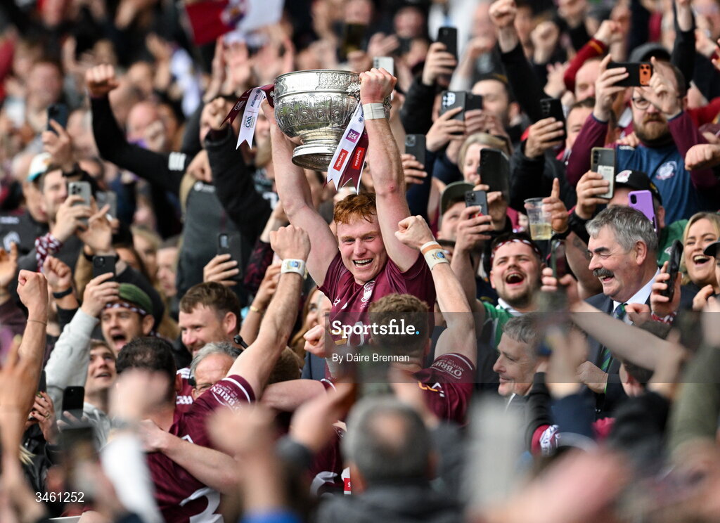 17 May 2026; Westmeath captain Ronan Wallace lifts the Delaney cup after the Leinster GAA Football Senior Championship final match between Dublin and Westmeath at Croke Park in Dublin. Photo by Daire Brennan/Sportsfile
