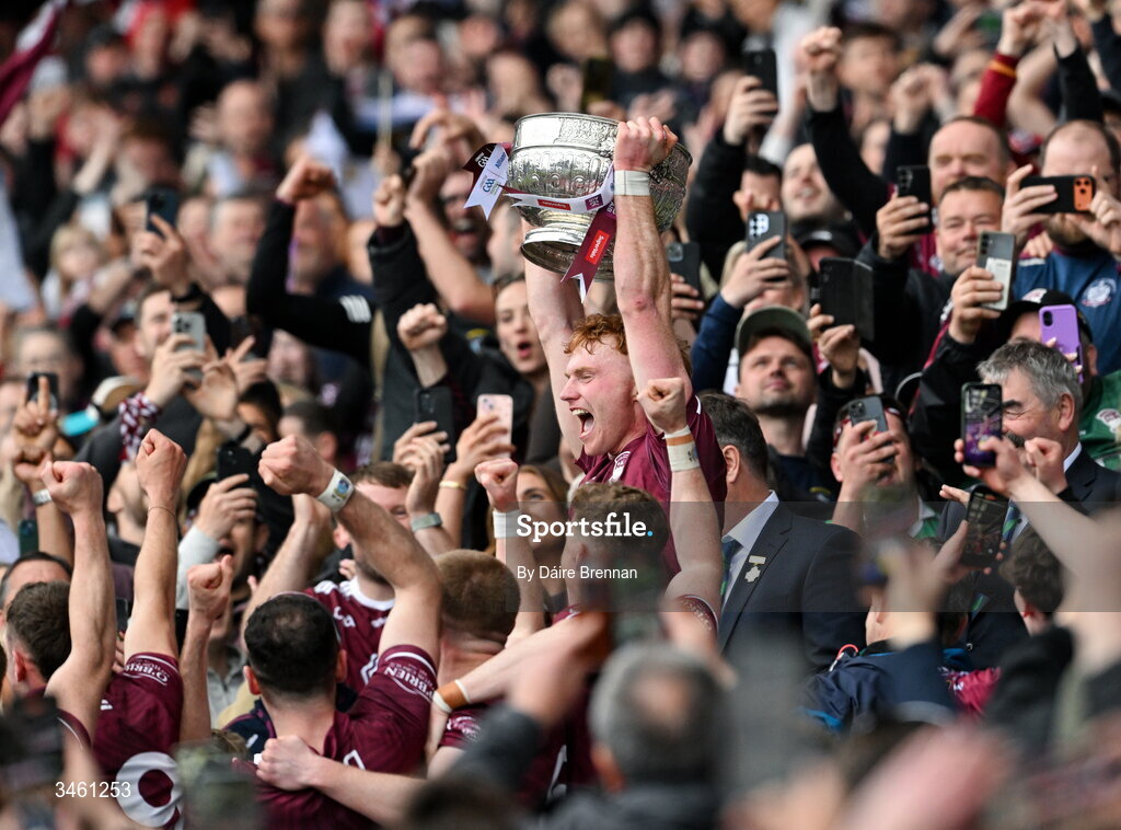 17 May 2026; Westmeath captain Ronan Wallace lifts the Delaney cup after the Leinster GAA Football Senior Championship final match between Dublin and Westmeath at Croke Park in Dublin. Photo by Daire Brennan/Sportsfile