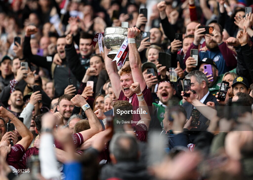 17 May 2026; Westmeath captain Ronan Wallace lifts the Delaney cup after the Leinster GAA Football Senior Championship final match between Dublin and Westmeath at Croke Park in Dublin. Photo by Daire Brennan/Sportsfile