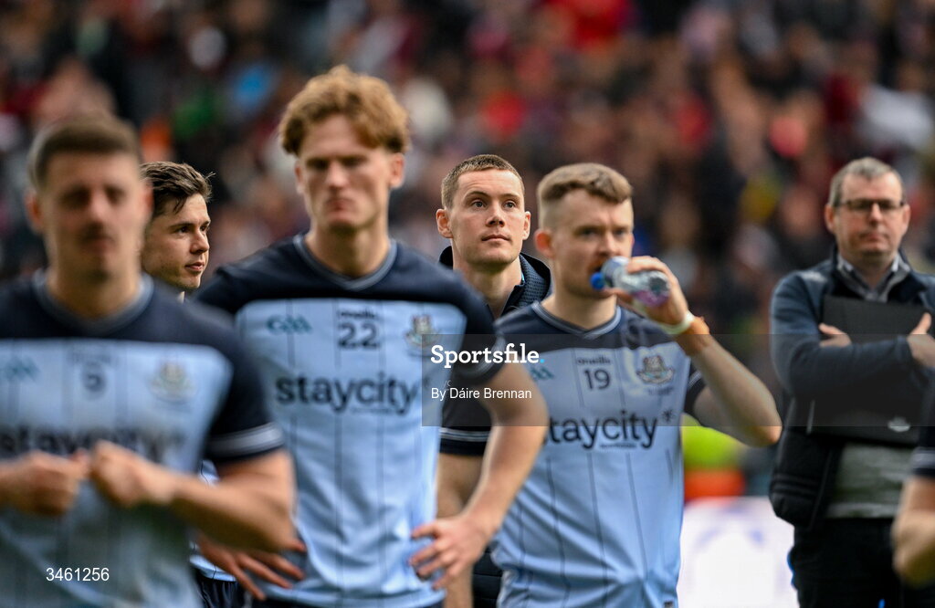 17 May 2026; Injured Dublin player Con O'Callaghan watches the presentation after the Leinster GAA Football Senior Championship final match between Dublin and Westmeath at Croke Park in Dublin. Photo by Daire Brennan/Sportsfile