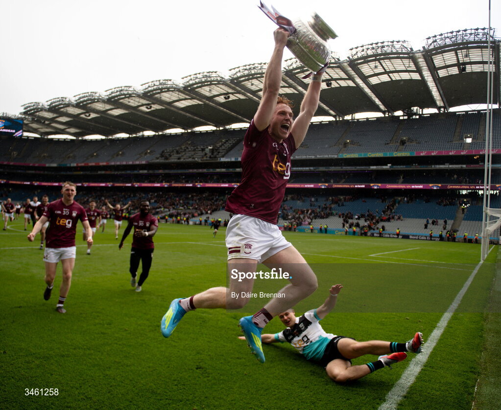 17 May 2026; Ronan Wallace of Westmeath celebrates with the Delaney cup after the Leinster GAA Football Senior Championship final match between Dublin and Westmeath at Croke Park in Dublin. Photo by Daire Brennan/Sportsfile
