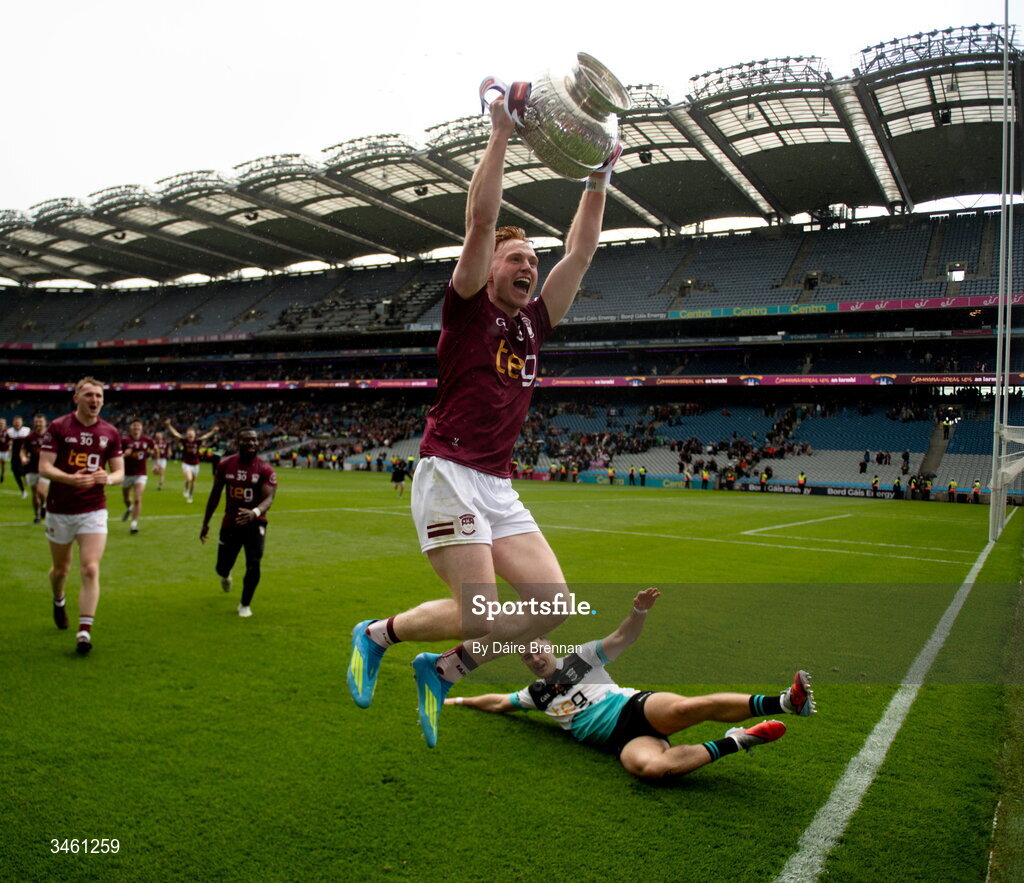 17 May 2026; Ronan Wallace of Westmeath celebrates with the Delaney cup after the Leinster GAA Football Senior Championship final match between Dublin and Westmeath at Croke Park in Dublin. Photo by Daire Brennan/Sportsfile