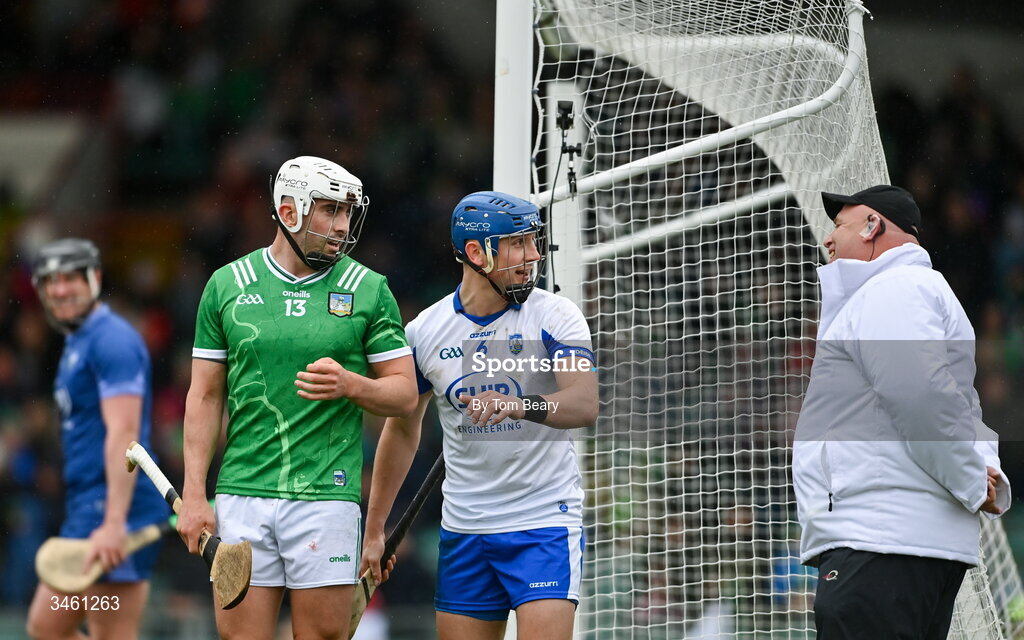 17 May 2026; Paddy Leavey of Waterford and Aaron Gillane of Limerick share a joke with an umpire during the Munster GAA Senior Hurling Championship Round 4 match between Limerick and Waterford at TUS Gaelic Grounds in Limerick. Photo by Tom Beary/Sportsfile