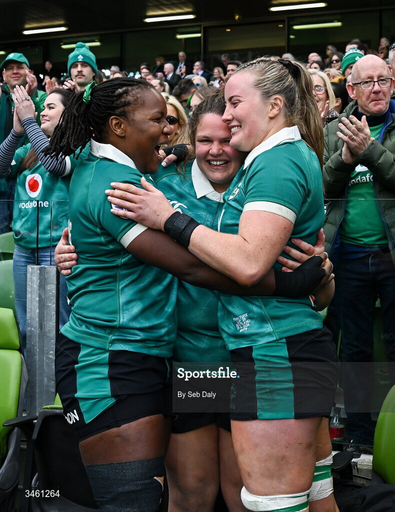 17 May 2026; Ireland players, from left, Linda Djougang, Ellena Perry, and Fiona Tuite after the Women's 6 Nations Rugby Championship match between Ireland and Scotland at the Aviva Stadium in Dublin. Photo by Seb Daly/Sportsfile