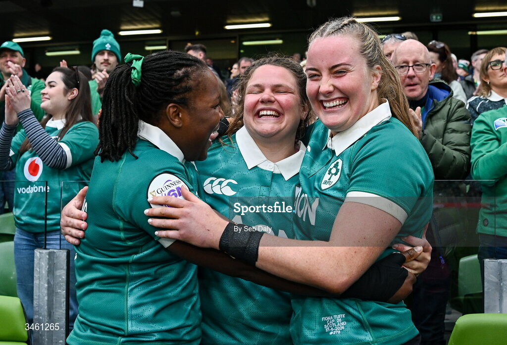 17 May 2026; Ireland players, from left, Linda Djougang, Ellena Perry, and Fiona Tuite after the Women's 6 Nations Rugby Championship match between Ireland and Scotland at the Aviva Stadium in Dublin. Photo by Seb Daly/Sportsfile