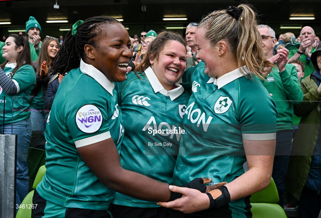 17 May 2026; Ireland players, from left, Linda Djougang, Ellena Perry, and Fiona Tuite after the Women's 6 Nations Rugby Championship match between Ireland and Scotland at the Aviva Stadium in Dublin. Photo by Seb Daly/Sportsfile