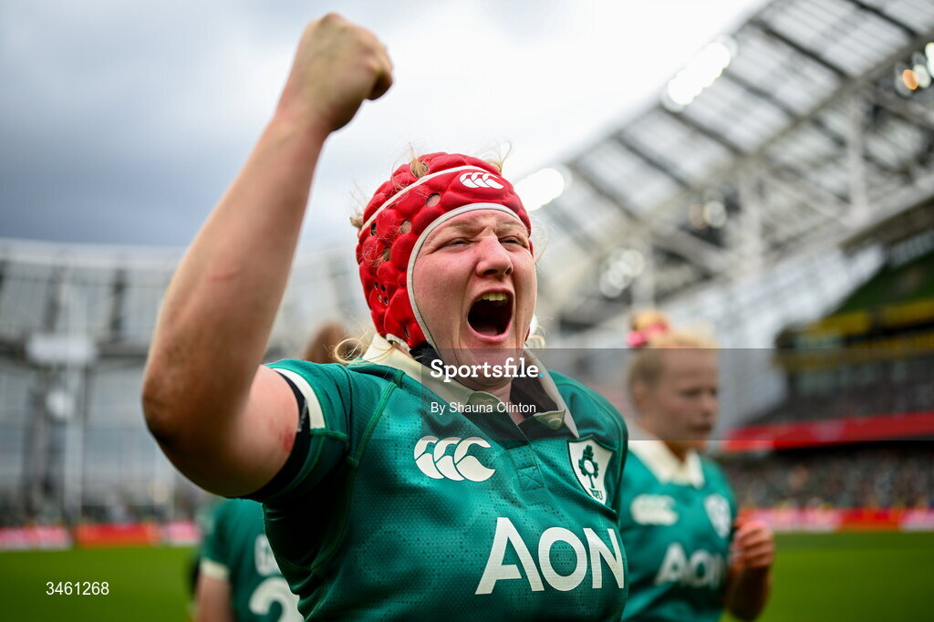17 May 2026; Aoife Wafer of Ireland celebrates after her side's victory in the Women's 6 Nations Rugby Championship match between Ireland and Scotland at the Aviva Stadium in Dublin. Photo by Shauna Clinton/Sportsfile