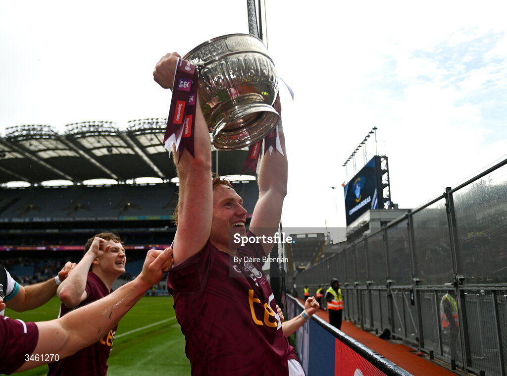 17 May 2026; Ronan Wallace of Westmeath celebrates with the Delaney cup after the Leinster GAA Football Senior Championship final match between Dublin and Westmeath at Croke Park in Dublin. Photo by Daire Brennan/Sportsfile