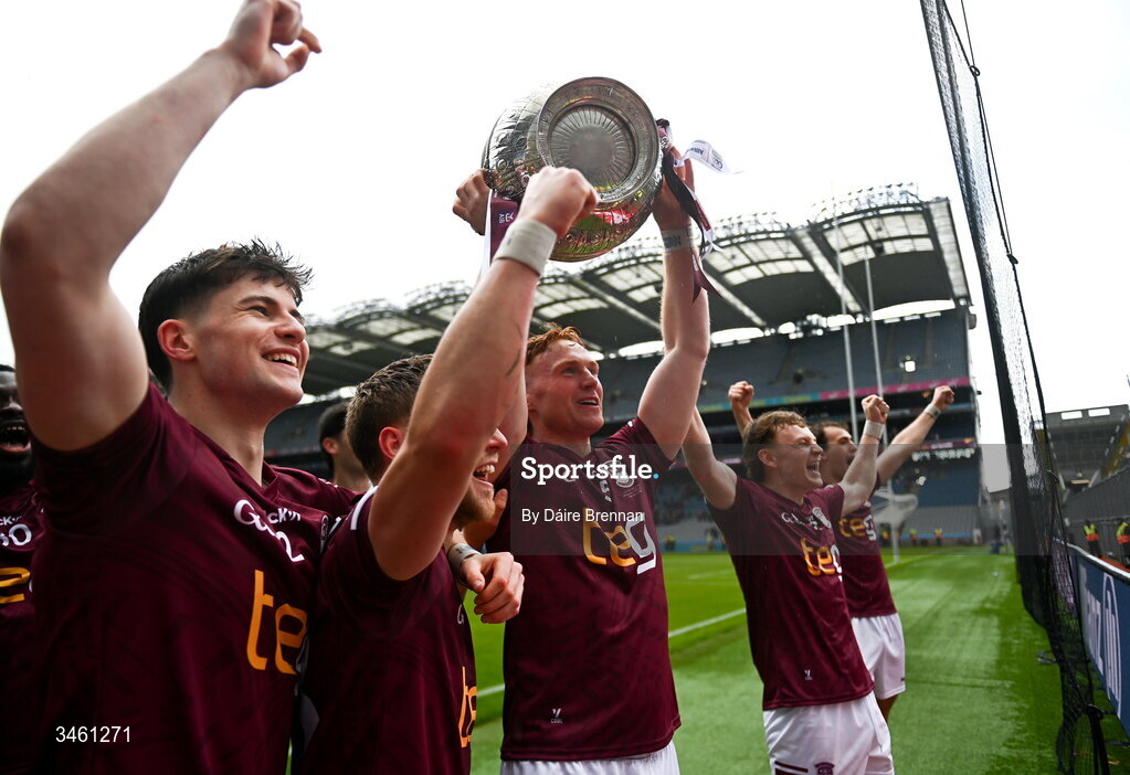 17 May 2026; Ronan Wallace of Westmeath celebrates with the Delaney cup after the Leinster GAA Football Senior Championship final match between Dublin and Westmeath at Croke Park in Dublin. Photo by Daire Brennan/Sportsfile