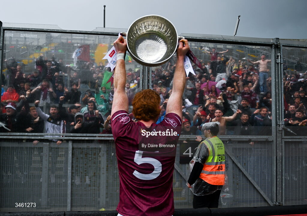 17 May 2026; Ronan Wallace of Westmeath celebrates with the Delaney cup after the Leinster GAA Football Senior Championship final match between Dublin and Westmeath at Croke Park in Dublin. Photo by Daire Brennan/Sportsfile