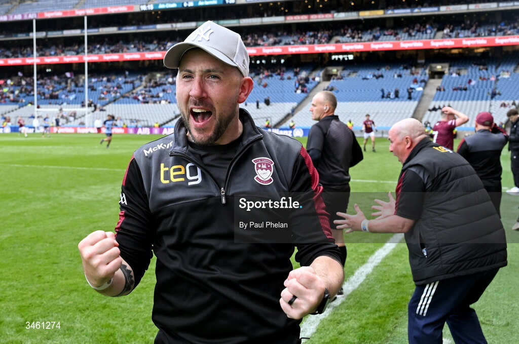 17 May 2026; Westmeath manager Mark McHugh celebrates in the closing minutes of the Leinster GAA Football Senior Championship final match between Dublin and Westmeath at Croke Park in Dublin. Photo by Paul Phelan/Sportsfile