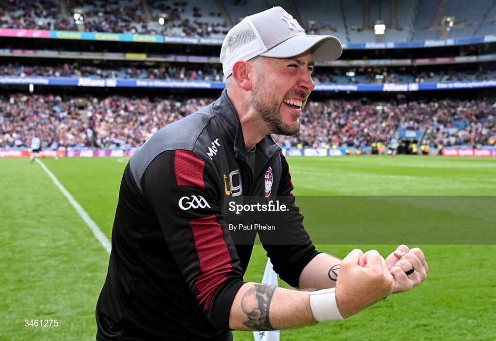 17 May 2026; Westmeath manager Mark McHugh celebrates in the closing minutes of the Leinster GAA Football Senior Championship final match between Dublin and Westmeath at Croke Park in Dublin. Photo by Paul Phelan/Sportsfile