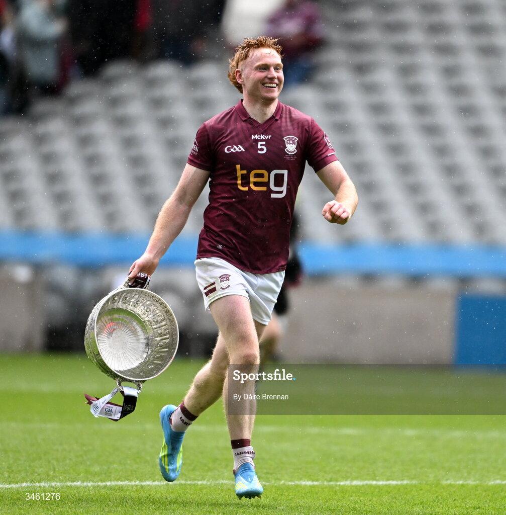 17 May 2026; Ronan Wallace of Westmeath celebrates with the Delaney cup after the Leinster GAA Football Senior Championship final match between Dublin and Westmeath at Croke Park in Dublin. Photo by Daire Brennan/Sportsfile