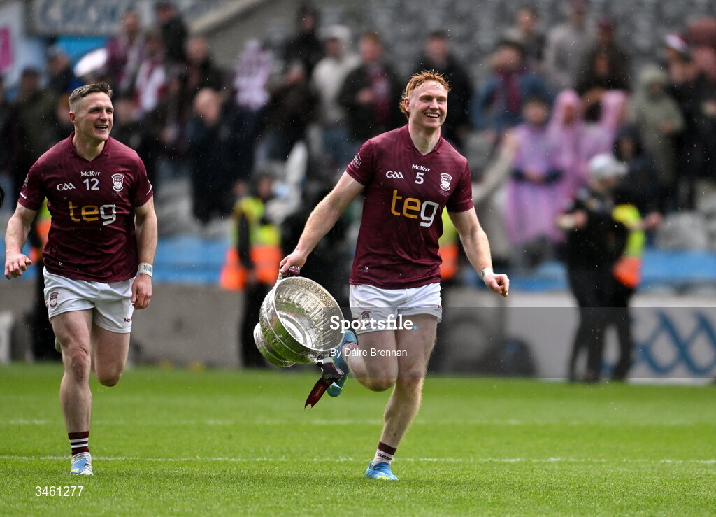 17 May 2026; Ronan Wallace of Westmeath celebrates with the Delaney cup after the Leinster GAA Football Senior Championship final match between Dublin and Westmeath at Croke Park in Dublin. Photo by Daire Brennan/Sportsfile