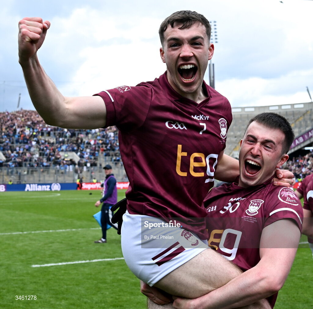 17 May 2026; Matthew Whittaker and Charlie Drumm of Westmeath celebrate after winning the Leinster GAA Football Senior Championship final match between Dublin and Westmeath at Croke Park in Dublin. Photo by Paul Phelan/Sportsfile