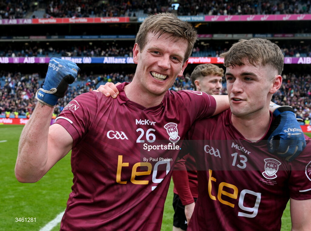 17 May 2026; John Heslin and Shane Corcoran of Westmeath celebrate after winning the Leinster GAA Football Senior Championship final match between Dublin and Westmeath at Croke Park in Dublin. Photo by Paul Phelan/Sportsfile