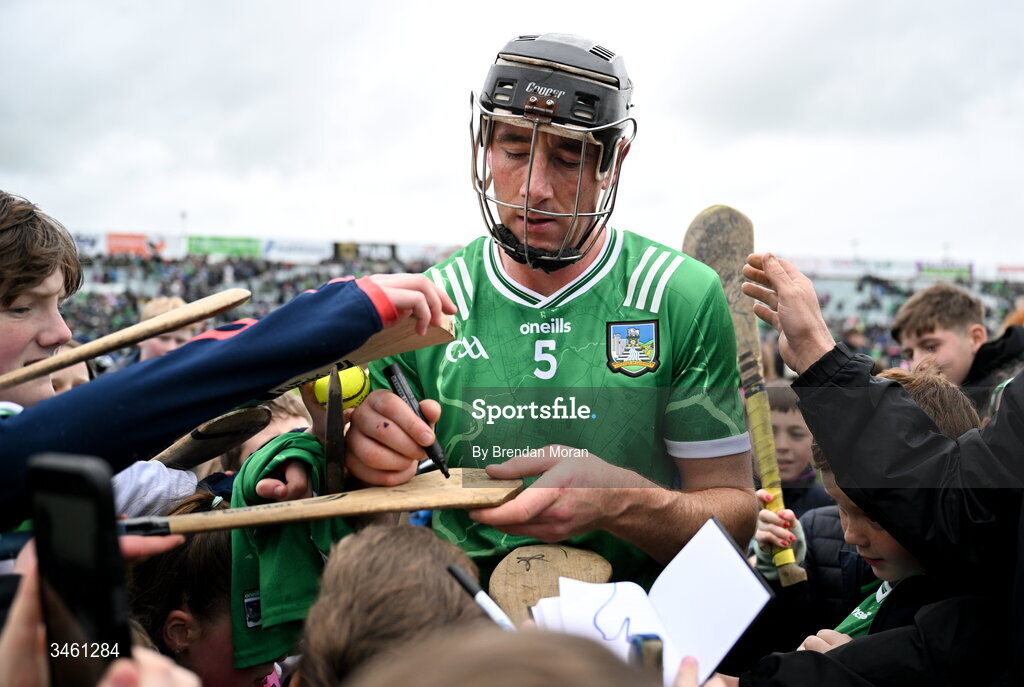 17 May 2026; Diarmaid Byrnes of Limerick signs autographs after the Munster GAA Senior Hurling Championship Round 4 match between Limerick and Waterford at TUS Gaelic Grounds in Limerick. Photo by Brendan Moran/Sportsfile