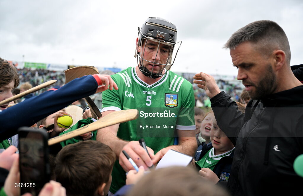 17 May 2026; Diarmaid Byrnes of Limerick signs autographs after the Munster GAA Senior Hurling Championship Round 4 match between Limerick and Waterford at TUS Gaelic Grounds in Limerick. Photo by Brendan Moran/Sportsfile