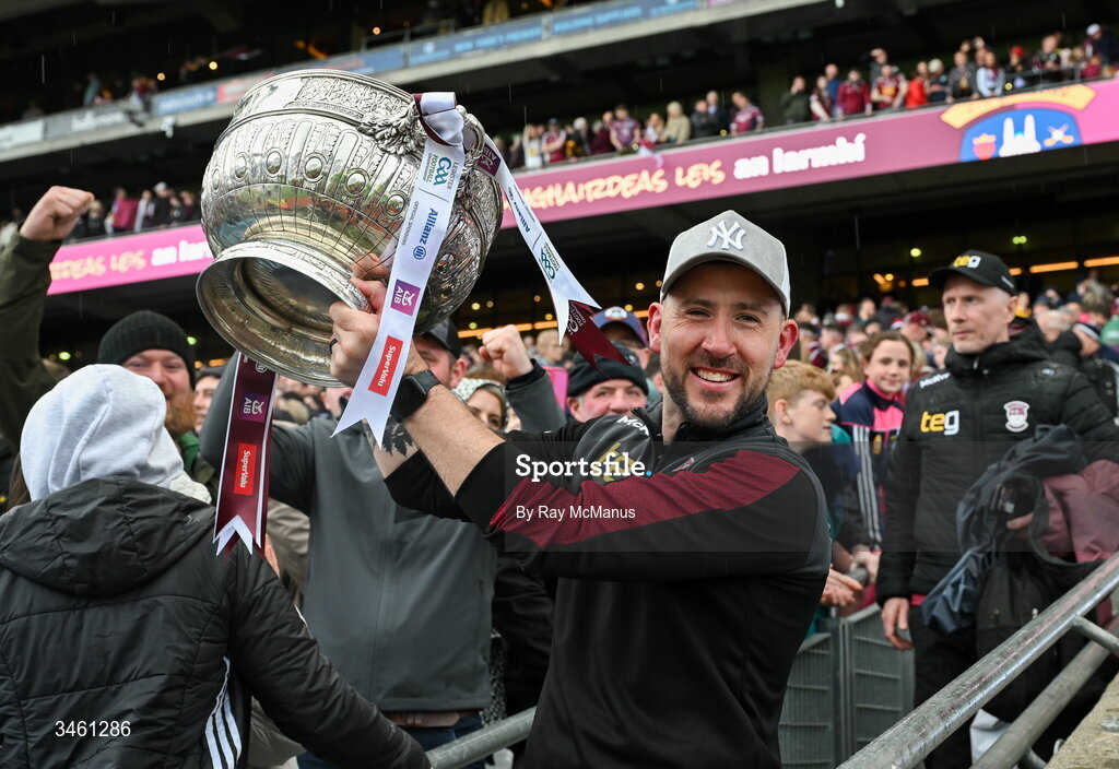 17 May 2026; Westmeath manager Mark McHugh celebrates with the cup after the Leinster GAA Football Senior Championship final match between Dublin and Westmeath at Croke Park in Dublin. Photo by Ray McManus/Sportsfile