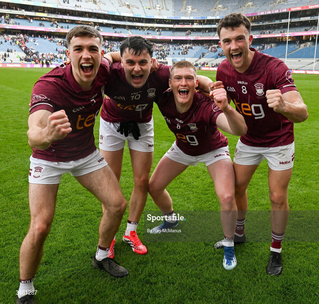 17 May 2026; Westmeath players, from left, Matthew Whittaker, Shane Allen, Kevin O'Sullivan and Brían Cooney celebrate after the Leinster GAA Football Senior Championship final match between Dublin and Westmeath at Croke Park in Dublin. Photo by Ray McManus/Sportsfile