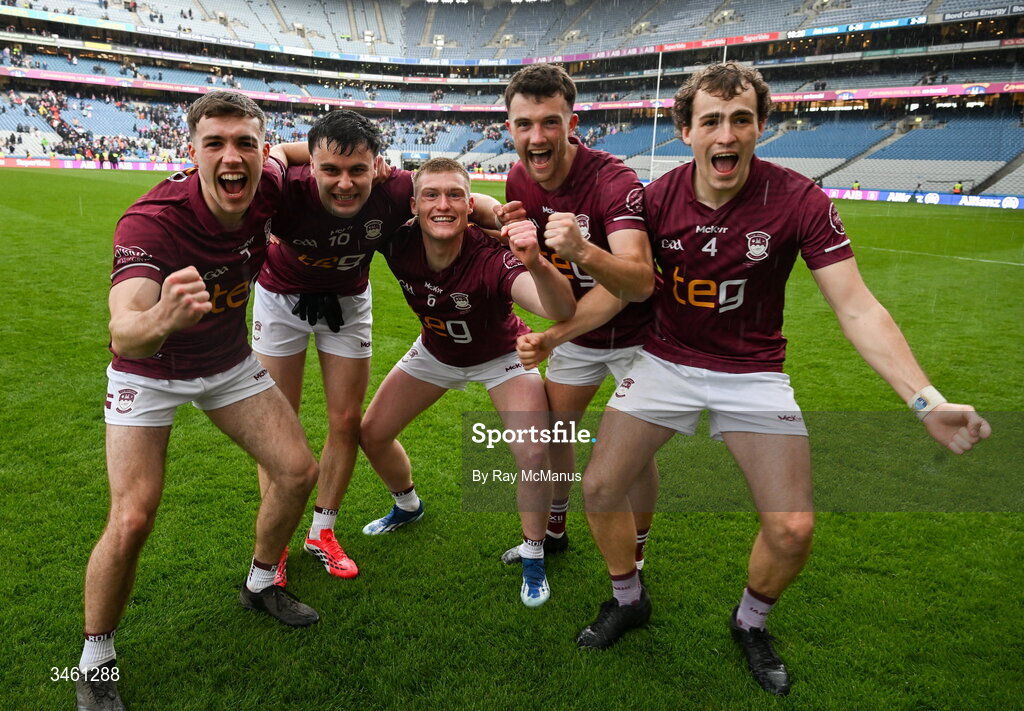17 May 2026; Westmeath players, from left, Matthew Whittaker, Shane Allen, Kevin O'Sullivan, Brían Cooney and Tadhg Baker  celebrate after the Leinster GAA Football Senior Championship final match between Dublin and Westmeath at Croke Park in Dublin. Photo by Ray McManus/Sportsfile