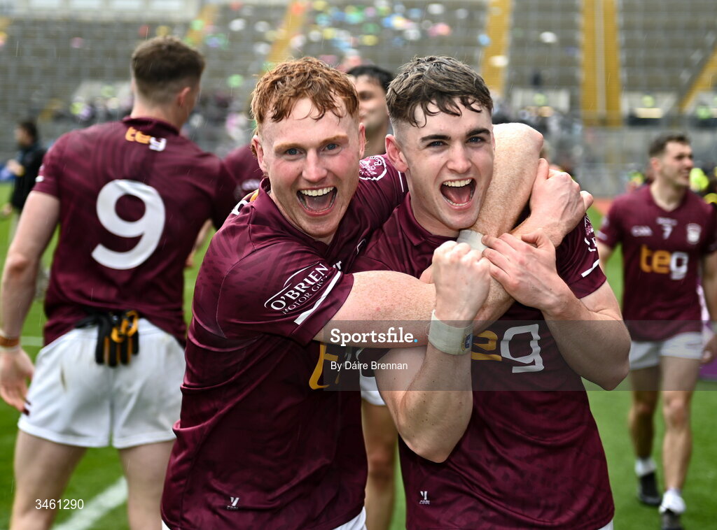 17 May 2026; Ronan Wallace, left, and Shane Corcoran of Westmeath celebrate after the Leinster GAA Football Senior Championship final match between Dublin and Westmeath at Croke Park in Dublin. Photo by Daire Brennan/Sportsfile